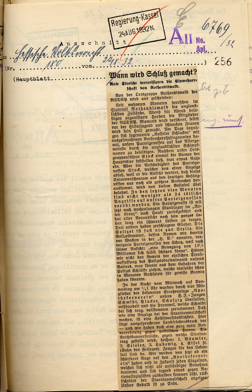 Zeitungsartikel aus der Hessischen Volkswacht "Wann wird Schluß gemacht? Rote Strolche terrorisieren die Einwohnerschaft von Rothenditmold", Kassel, den 22. August 1932.