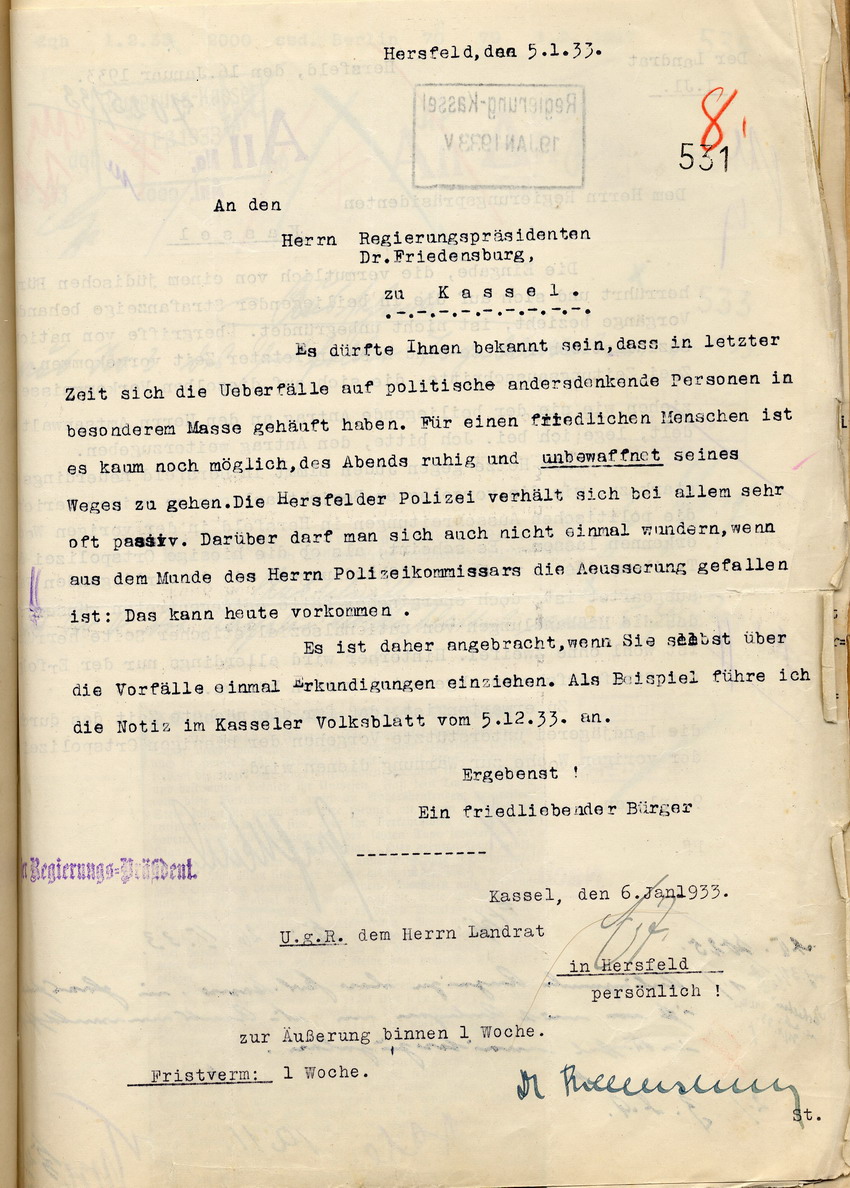 Beschwerde eines Hersfelder Bürgers über zunehmende Übergriffe auf politisch Andersdenkende und das passive Verhalten der Polizei, Hersfeld, den 5. Januar 1933.