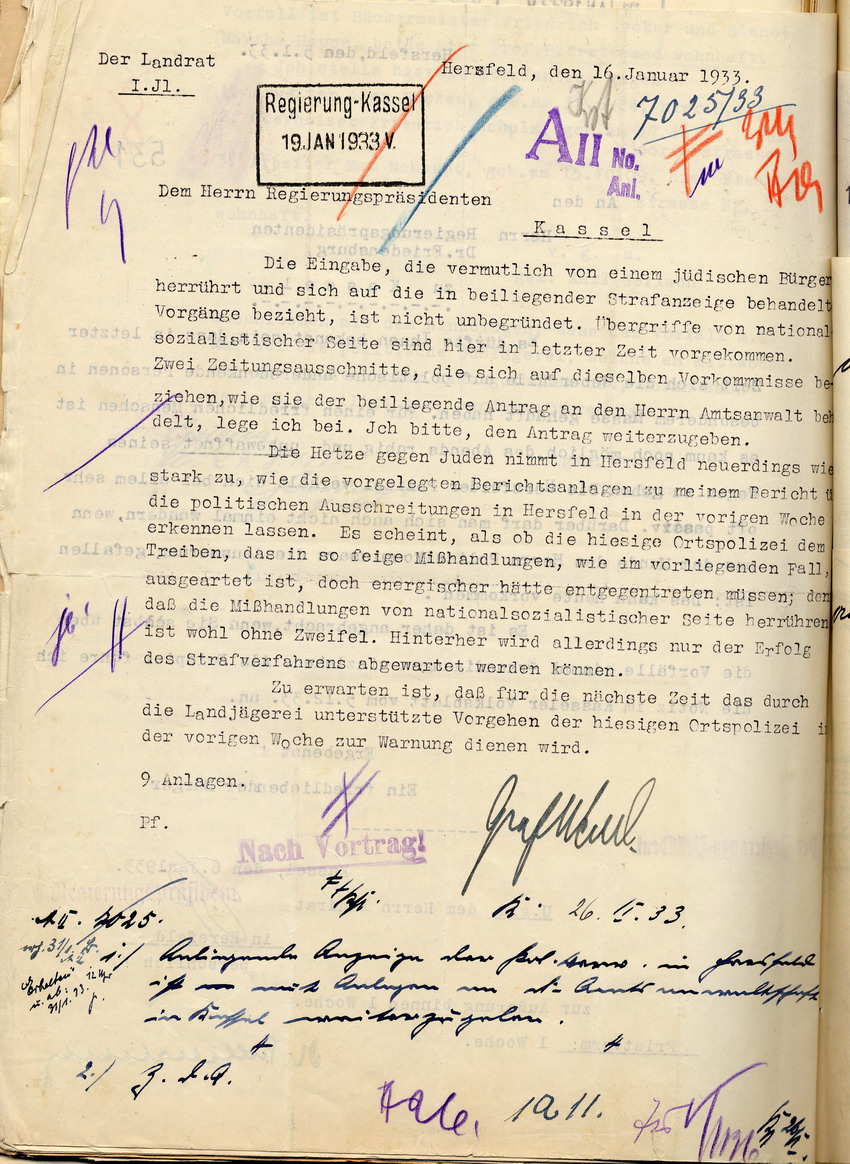 Reaktion des Landrates auf die Beschwerde eines Hersfelder Bürgers über zunehmende Übergriffe auf politisch Andersdenkende, Hersfeld, den 16. Januar 1933.
