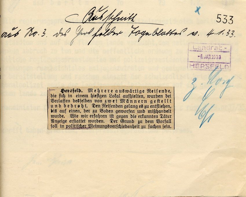 Zeitungsartikel aus dem Hersfelder Tageblatt über einen Überfall auf auswärtige Reisende, Hersfeld, den 4. Januar 1933.