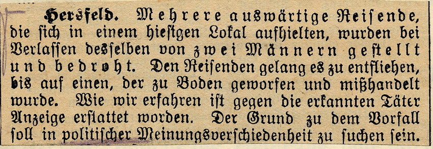 Zeitungsartikel aus dem Hersfelder Tageblatt über einen Überfall auf auswärtige Reisende, Hersfeld, den 4. Januar 1933.