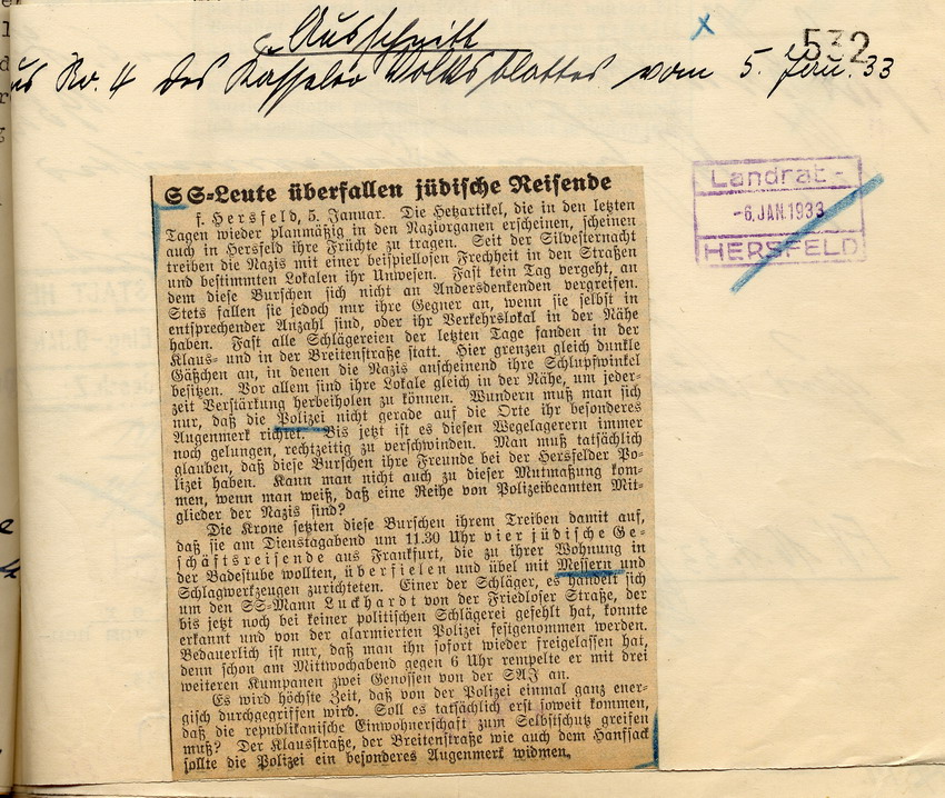 Zeitungsartikel aus dem Kasseler Volksblatt "SS-Leute überfallen jüdische Reisende", Kassel, den 5. Januar 1933.