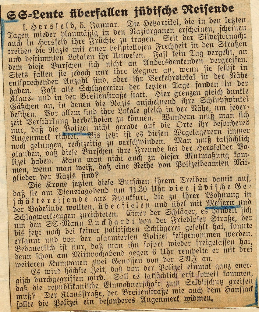 Zeitungsartikel aus dem Kasseler Volksblatt "SS-Leute überfallen jüdische Reisende", Kassel, den 5. Januar 1933.