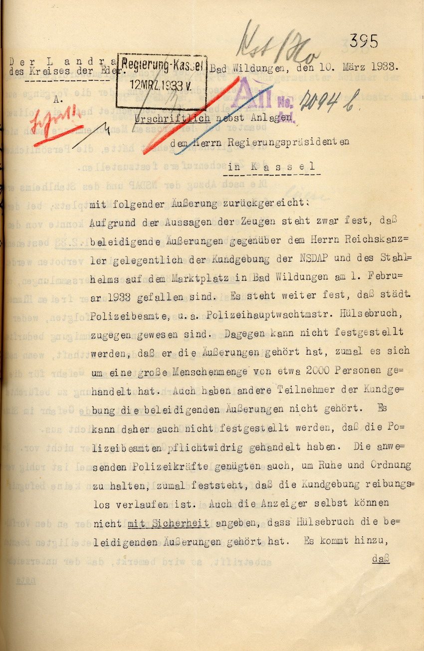 Bericht des Landrates über Ermittlungen zu politischen Auseinandersetzungen im Rahmen einer Kundgebung am 1. Februar 1933, Bad Wildungen, den 10. März 1933.