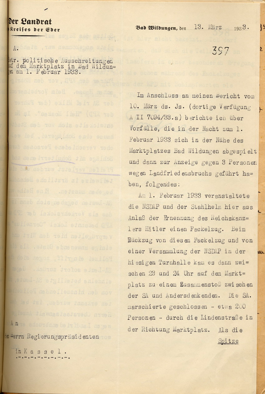 Bericht des Landrates über Auseinandersetzungen zwischen Nationalsozialisten und politisch Andersdenkenden im Rahmen eines Fackelzuges am 1. Februar 1933, Bad Wildungen, den 13. März 1933.