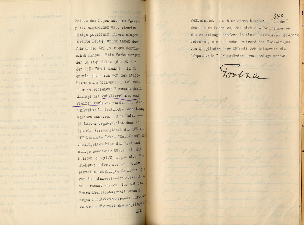 Bericht des Landrates über Auseinandersetzungen zwischen Nationalsozialisten und politisch Andersdenkenden im Rahmen eines Fackelzuges am 1. Februar 1933, Bad Wildungen, den 13. März 1933.
