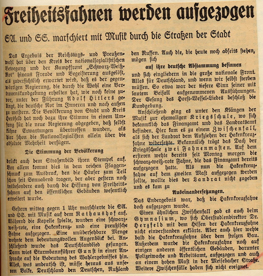 Zeitungsartikel der Hersfelder Zeitung "Freiheitsfahnen werden aufgezogen. SA und SS marschiert mit Musik durch die Straßen der Stadt", Hersfeld, den 7. März 1933.