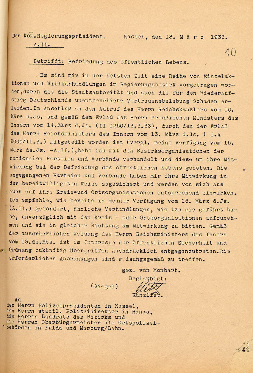 Mitteilung des Regierungspräsidenten zur Befriedung des öffentlichen Lebens nach Zunahme von Willkür- und Einzelhandlungen, Kassel, den 18. März 1933.