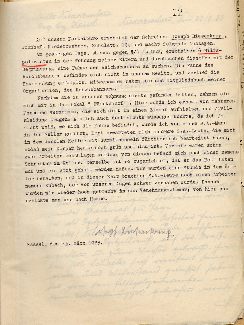 Aussage des Sozialdemokraten Joseph Biesenkamp über Hausdurchsuchungen, Verhöre und Misshandlungen durch Nationalsozialisten , Kassel, den 23. März 1933.