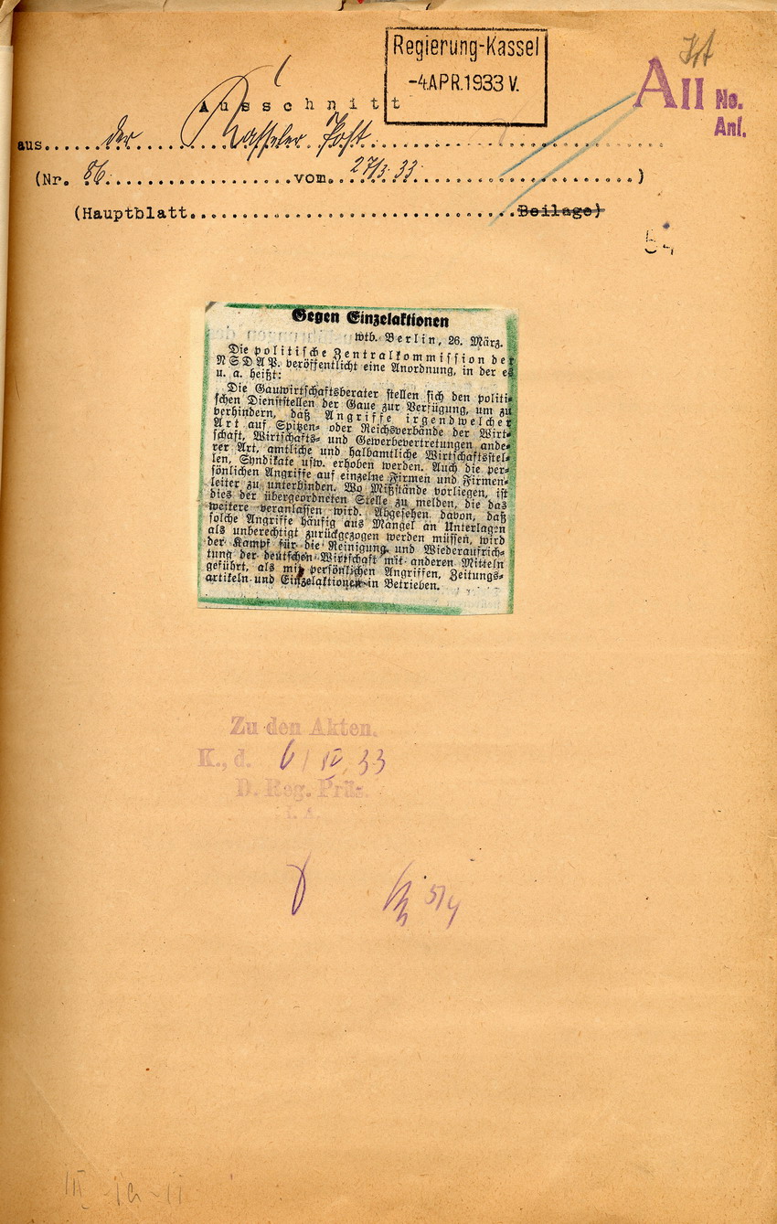 Zeitungartikel aus der Kasseler Post "Gegen Einzelaktionen", Kassel, den 27. März 1933.