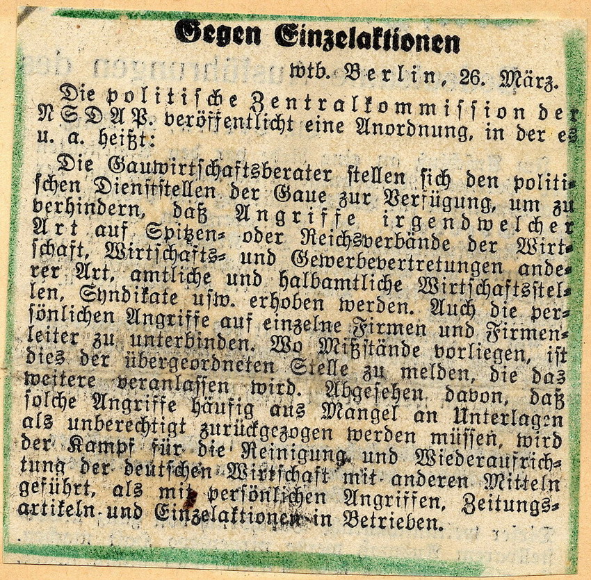 Zeitungartikel aus der Kasseler Post "Gegen Einzelaktionen", Kassel, den 27. März 1933.