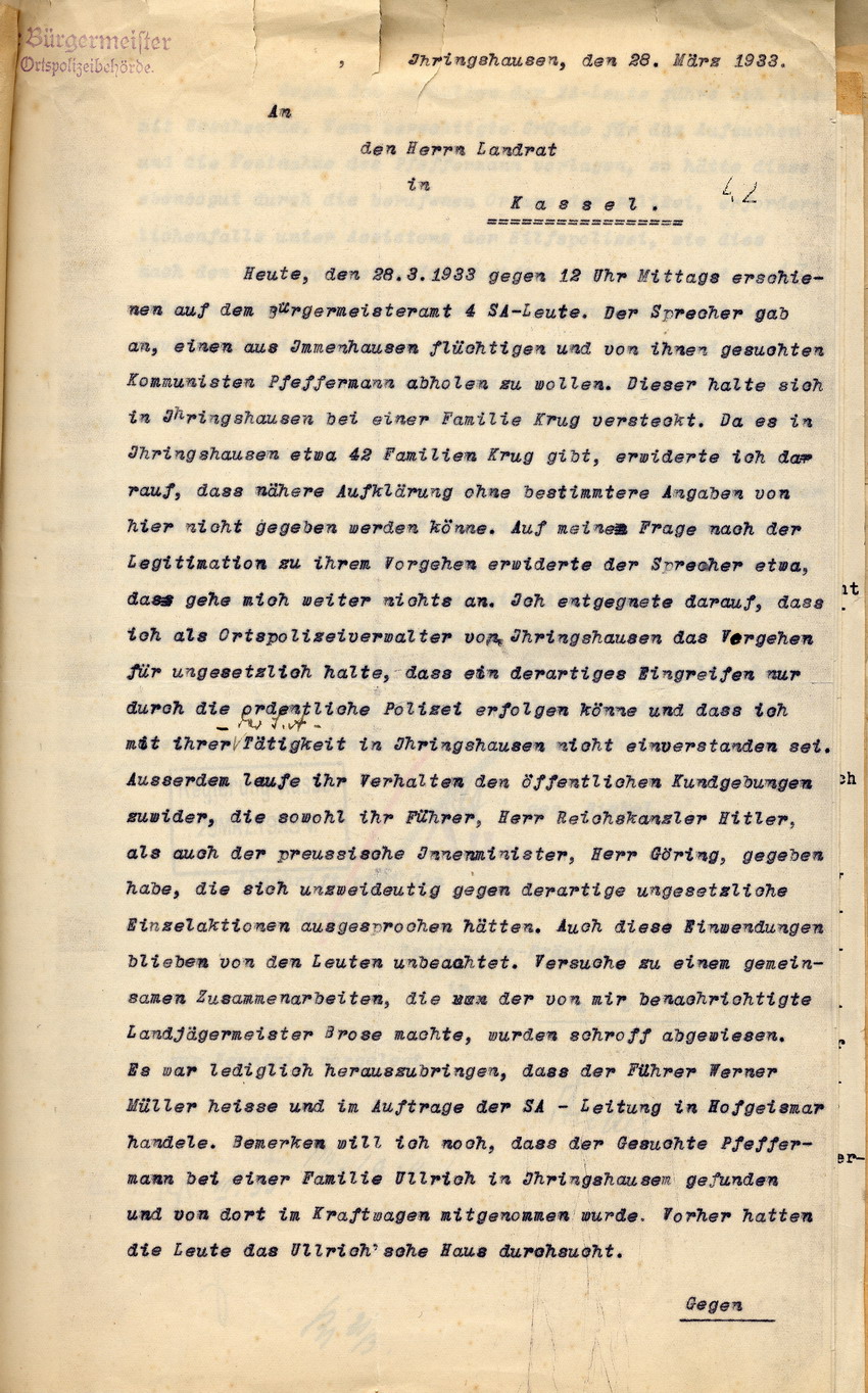 Beschwerde des Bürgermeisters von Ihringhausen über eine eine willkürliche Festnahme und Hausdurchsuchung durch SA-Angehörige in seinem Ort, Ihringhausen, den 28. März 1933.