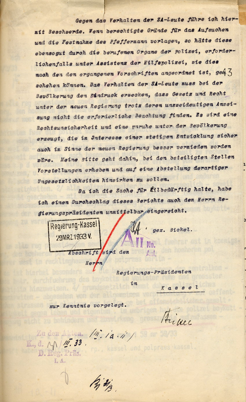 Beschwerde des Bürgermeisters von Ihringhausen über eine eine willkürliche Festnahme und Hausdurchsuchung durch SA-Angehörige in seinem Ort, Ihringhausen, den 28. März 1933.