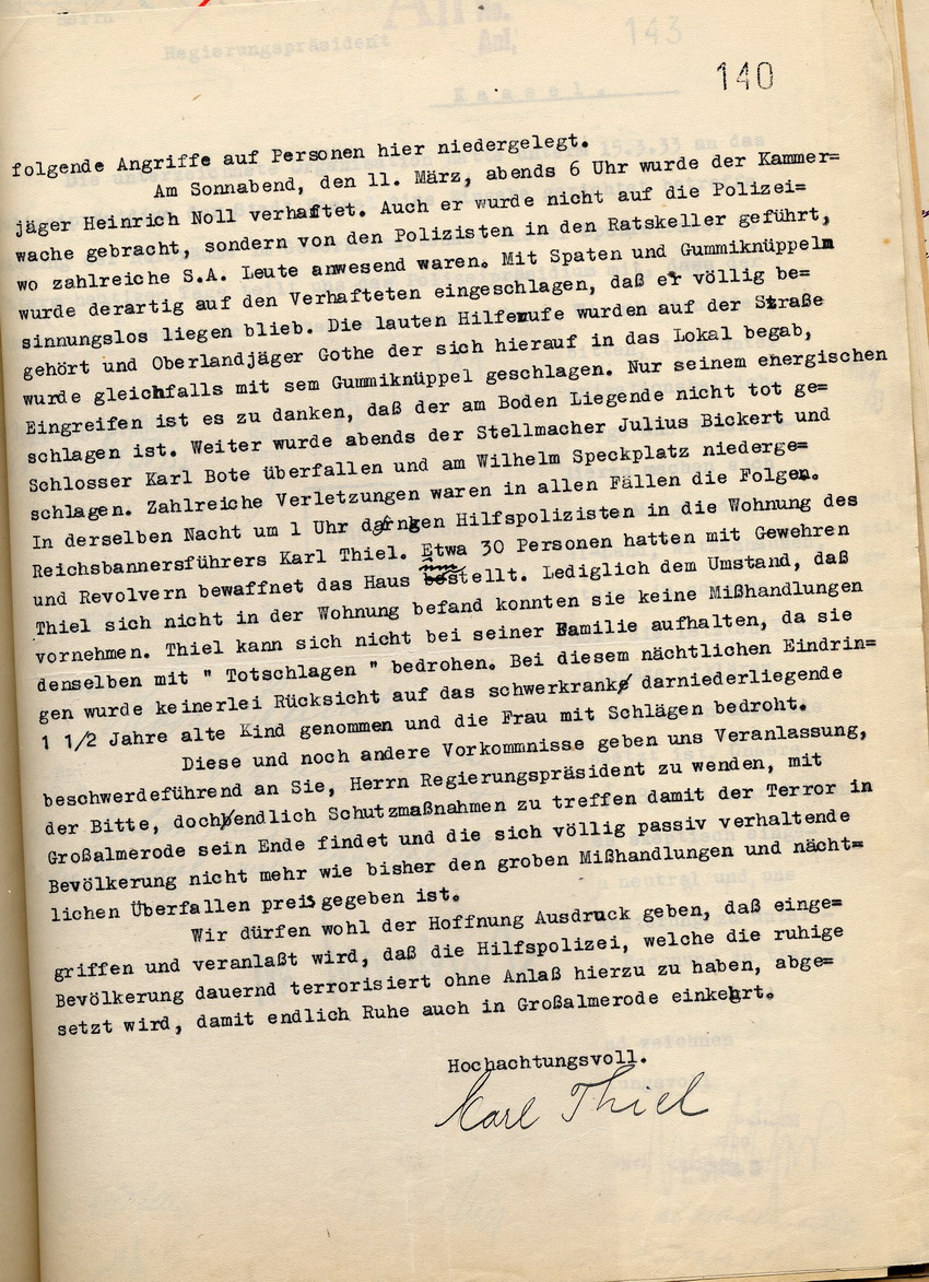 Beschwerde Karl Thiels über Terrorakte der Nationalsozialisten in Großalmerode, Kassel, den 16. März 1933.