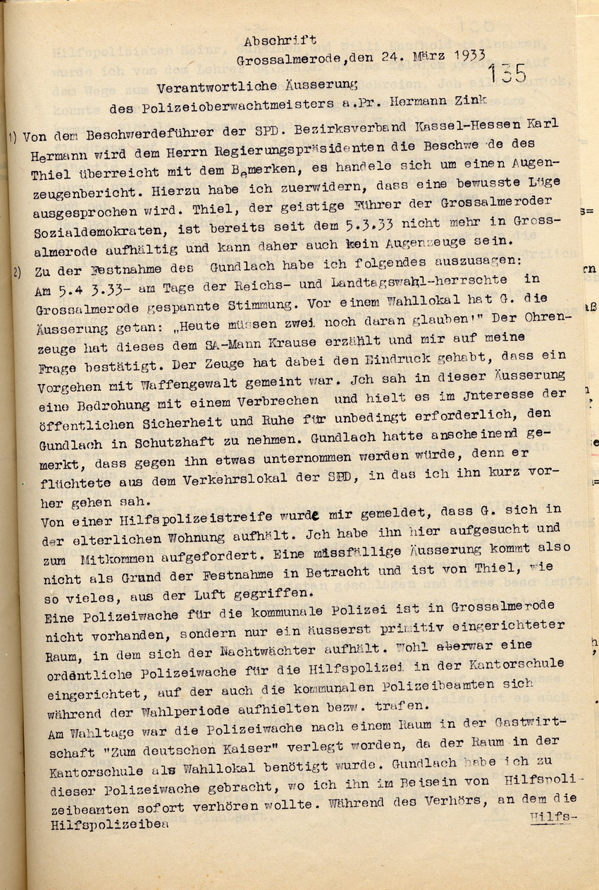 Stellungnahme des Polizeioberwachtmeisters Zink zu der Beschwerde Karl Thiels über Terrorakte der Nationalsozialisten in Großalmerode, Großalmerode, den 24. März 1933.