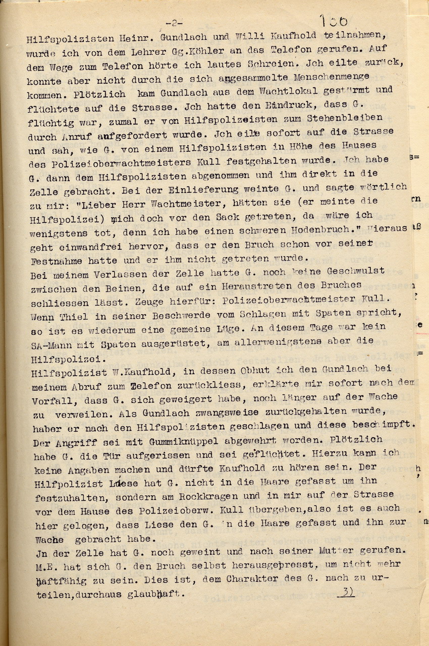 Stellungnahme des Polizeioberwachtmeisters Zink zu der Beschwerde Karl Thiels über Terrorakte der Nationalsozialisten in Großalmerode, Großalmerode, den 24. März 1933.