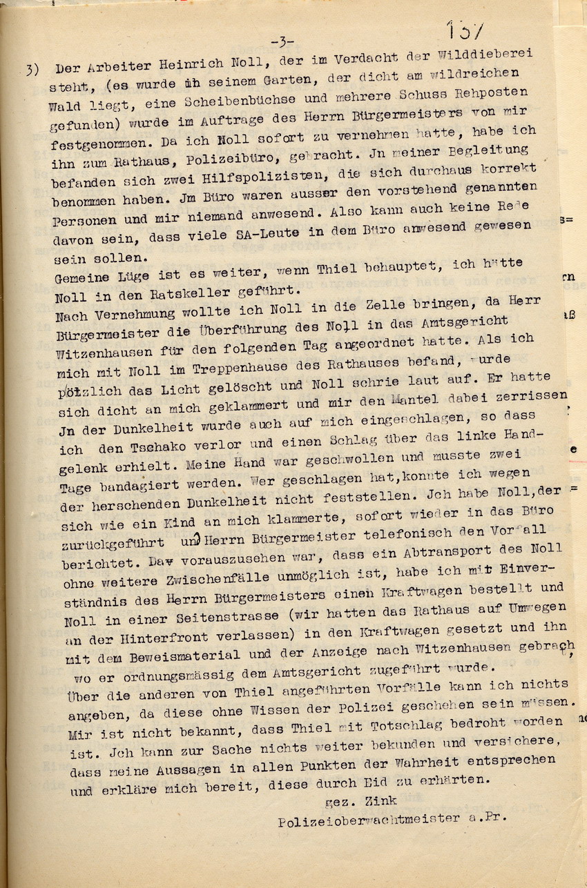 Stellungnahme des Polizeioberwachtmeisters Zink zu der Beschwerde Karl Thiels über Terrorakte der Nationalsozialisten in Großalmerode, Großalmerode, den 24. März 1933.
