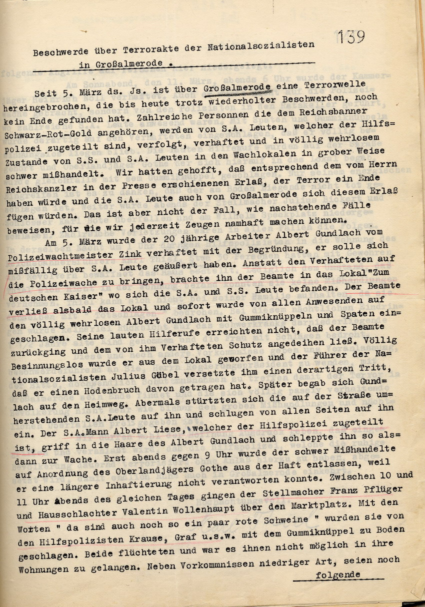 Bericht des Polizeioberwachtmeisters Zink über die Inschutzhaftnahme des Arbeiters Karl Thiel, Großalmerode, den 24. März 1933.