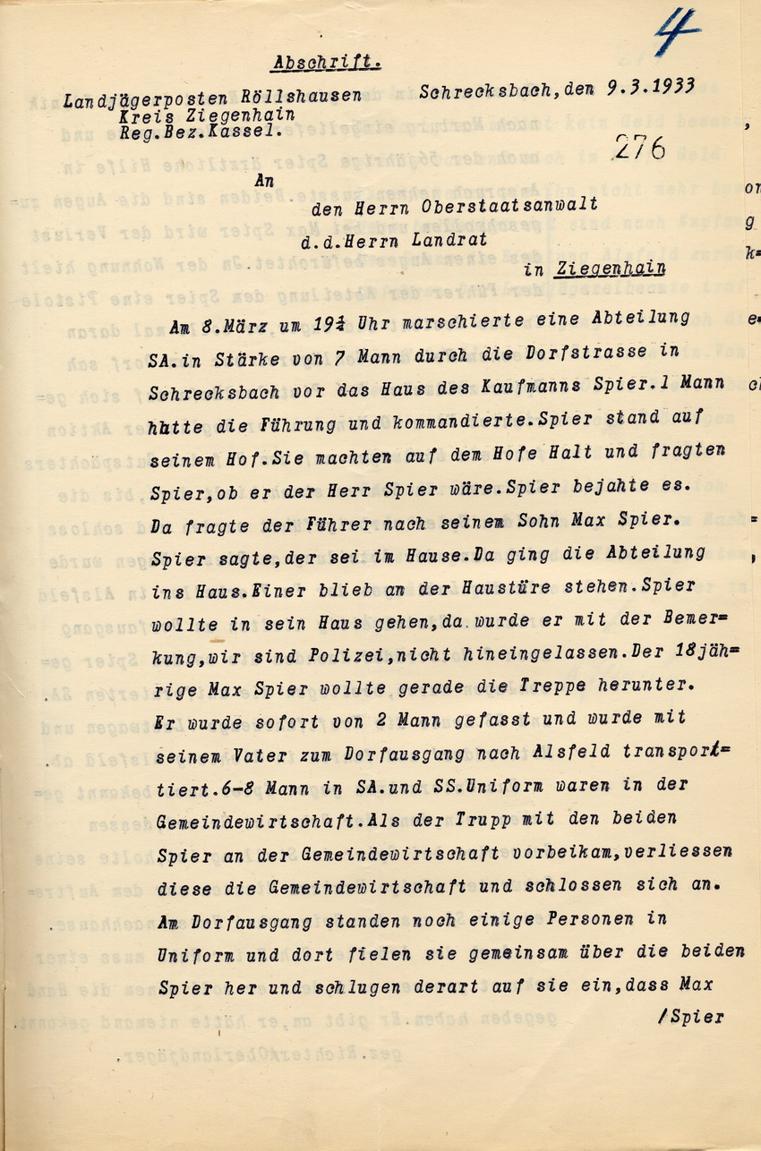 Bericht des Oberlandjägers Richter über die Misshandlung von zwei Männern durch die SA und SS in Schrecksbach, Schrecksbach, den 9. März 1933.