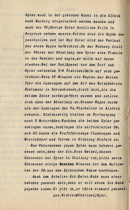 Bericht des Oberlandjägers Richter über die Misshandlung von zwei Männern durch die SA und SS in Schrecksbach, Schrecksbach, den 9. März 1933.