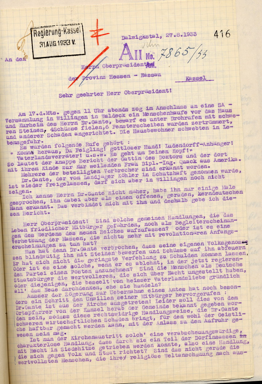 Beschwerde des Majors a.D. Ruth über die Behandlung Dr. Gantes durch die SA und ihre Anhänger, Dalwigstal, den 27. August 1933.