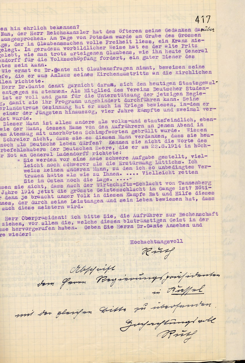 Beschwerde des Majors a.D. Ruth über die Behandlung Dr. Gantes durch die SA und ihre Anhänger, Dalwigstal, den 27. August 1933.