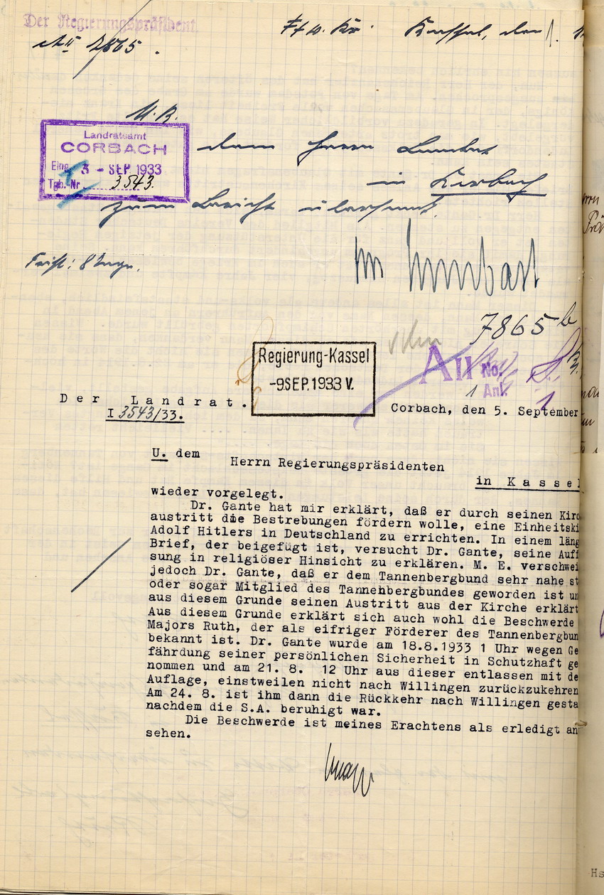 Reaktion des Landrates auf die Beschwerde des Majors a.D. Ruth über die Behandlung Dr. Gantes durch die SA und ihre Anhänger, Corbach, den 5. September 1933.