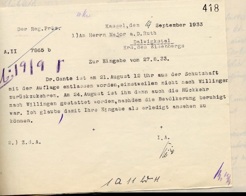 Mitteilung des Regierungspräsidenten über die Entlassung Dr. Gantes aus der Schutzhaft,  Kassel, den 9. September 1933.