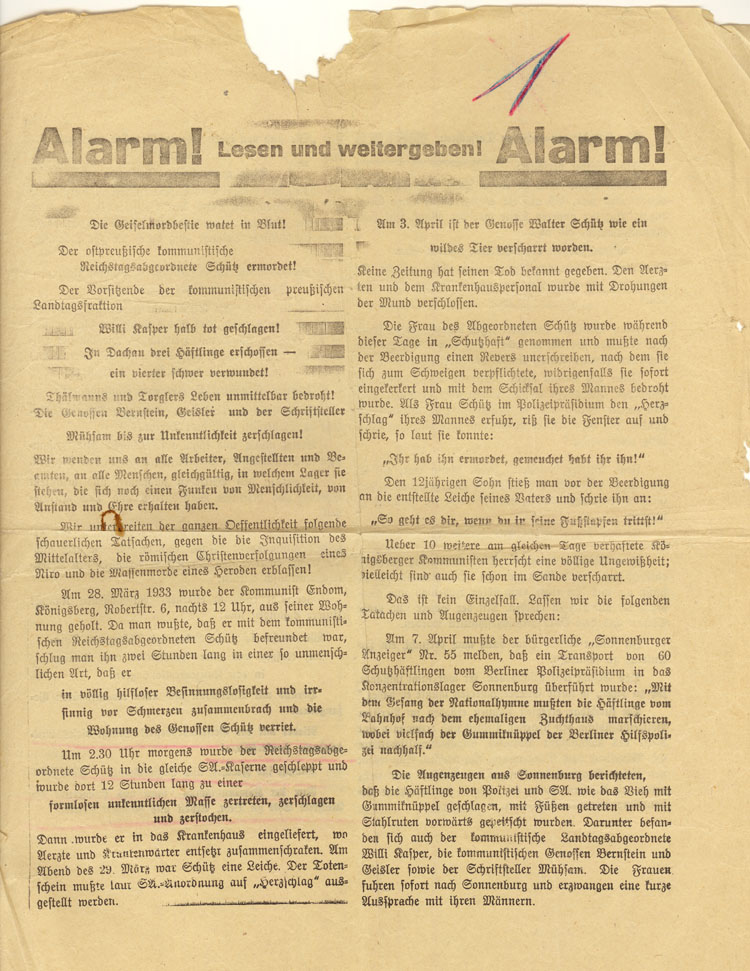 Flugblatt der KPD aus der Zeit der NS-Machtergreifung