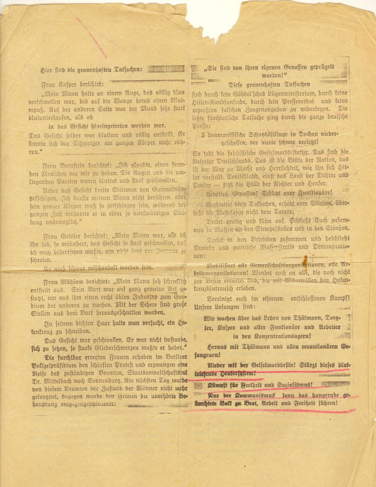 Flugblatt der KPD aus der Zeit der NS-Machtergreifung