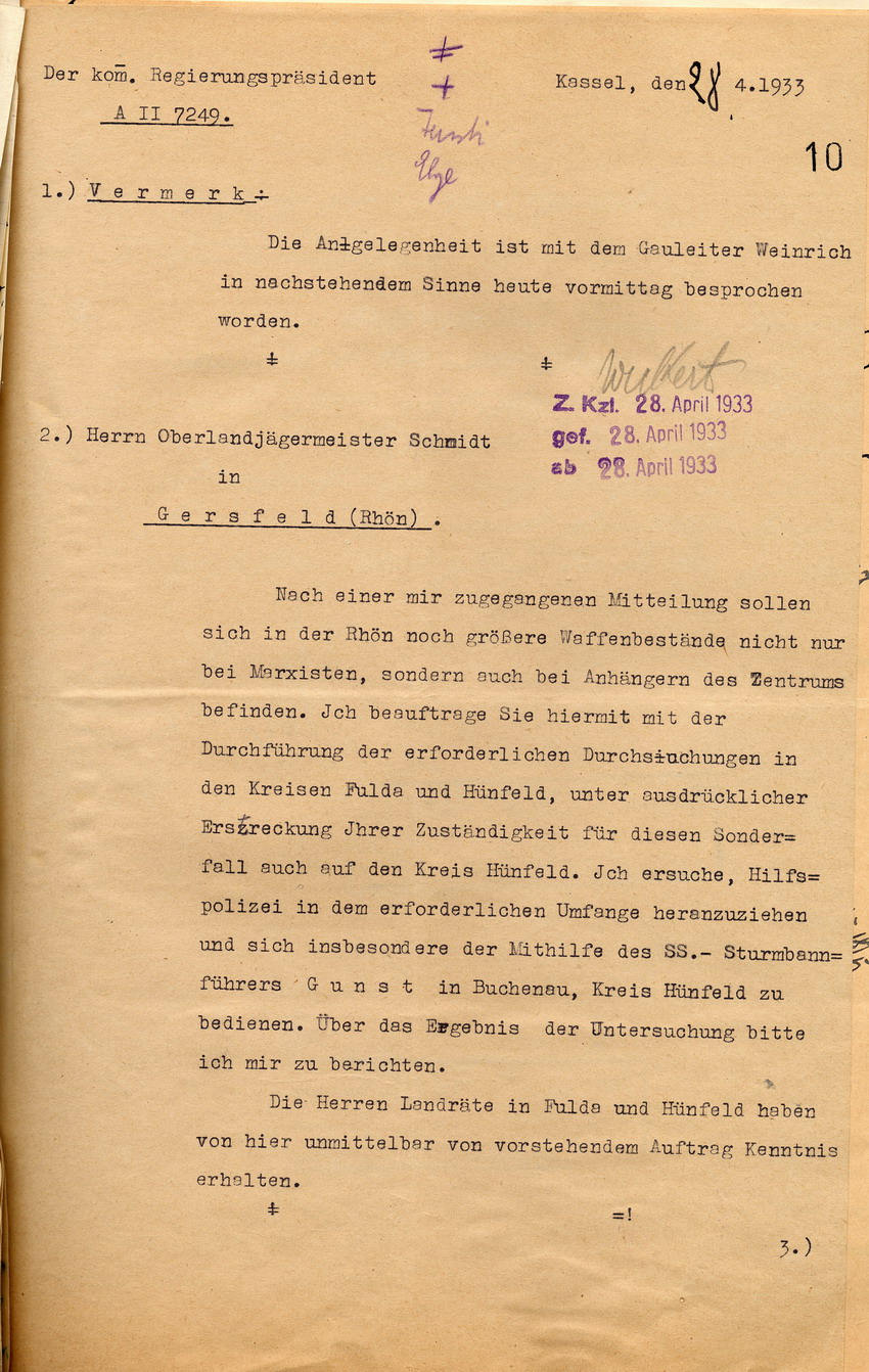Anordnung des Regierungspräsidenten zur Durchsuchung der Rhön nach Waffenbeständen, Kassel, den 28. April 1933.