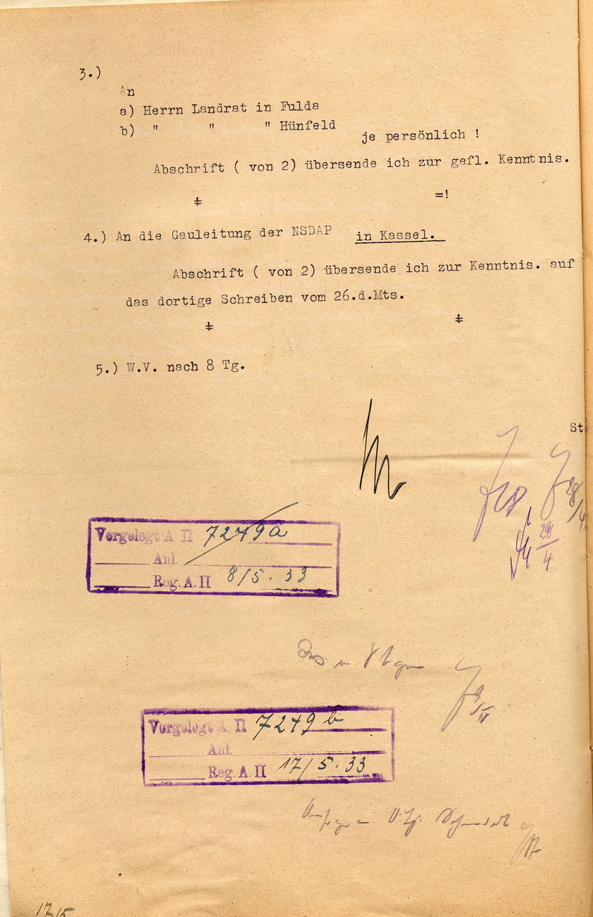 Anordnung des Regierungspräsidenten zur Durchsuchung der Rhön nach Waffenbeständen, Kassel, den 28. April 1933.
