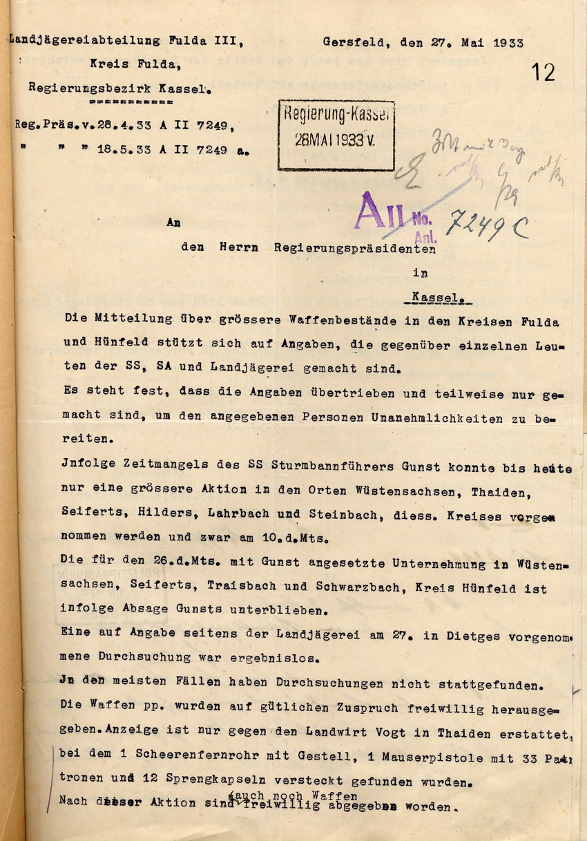 Bericht des Oberlandjägermeister Schmidt über die Durchsuchung nach Waffen in der Rhön, Gersfeld, den 27. Mai und 12. Juli 1933.