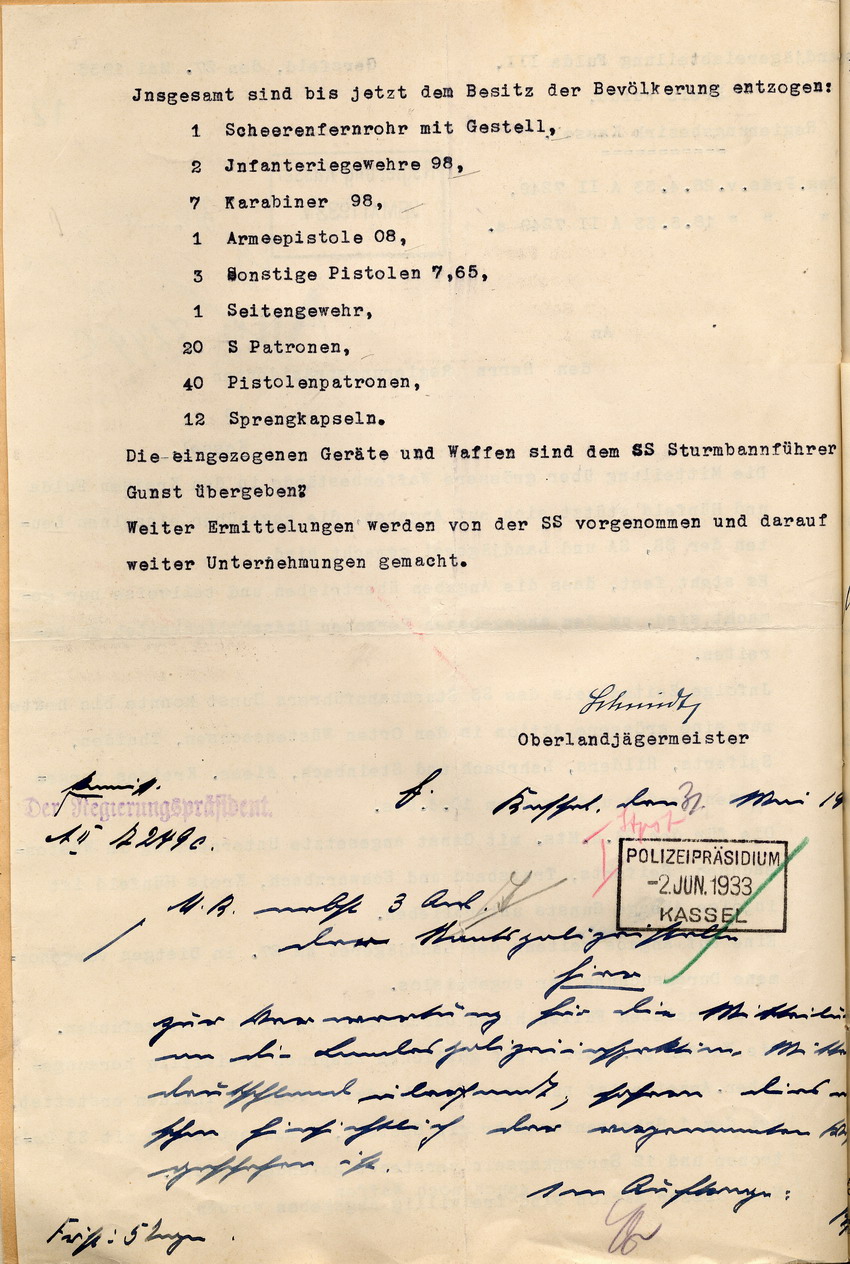 Bericht des Oberlandjägermeister Schmidt über die Durchsuchung nach Waffen in der Rhön, Gersfeld, den 27. Mai und 12. Juli 1933.