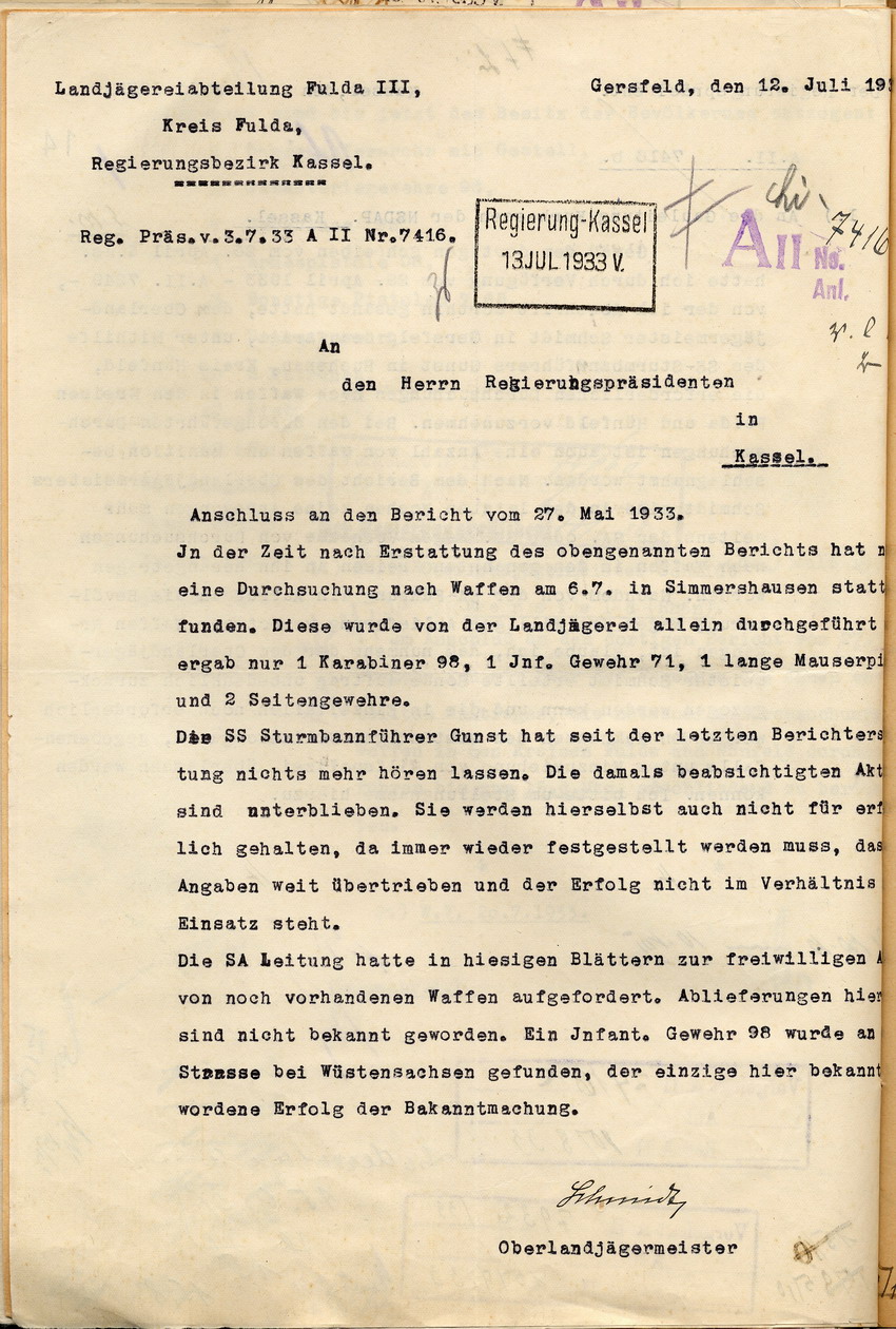 Bericht des Oberlandjägermeister Schmidt über die Durchsuchung nach Waffen in der Rhön, Gersfeld, den 27. Mai und 12. Juli 1933.