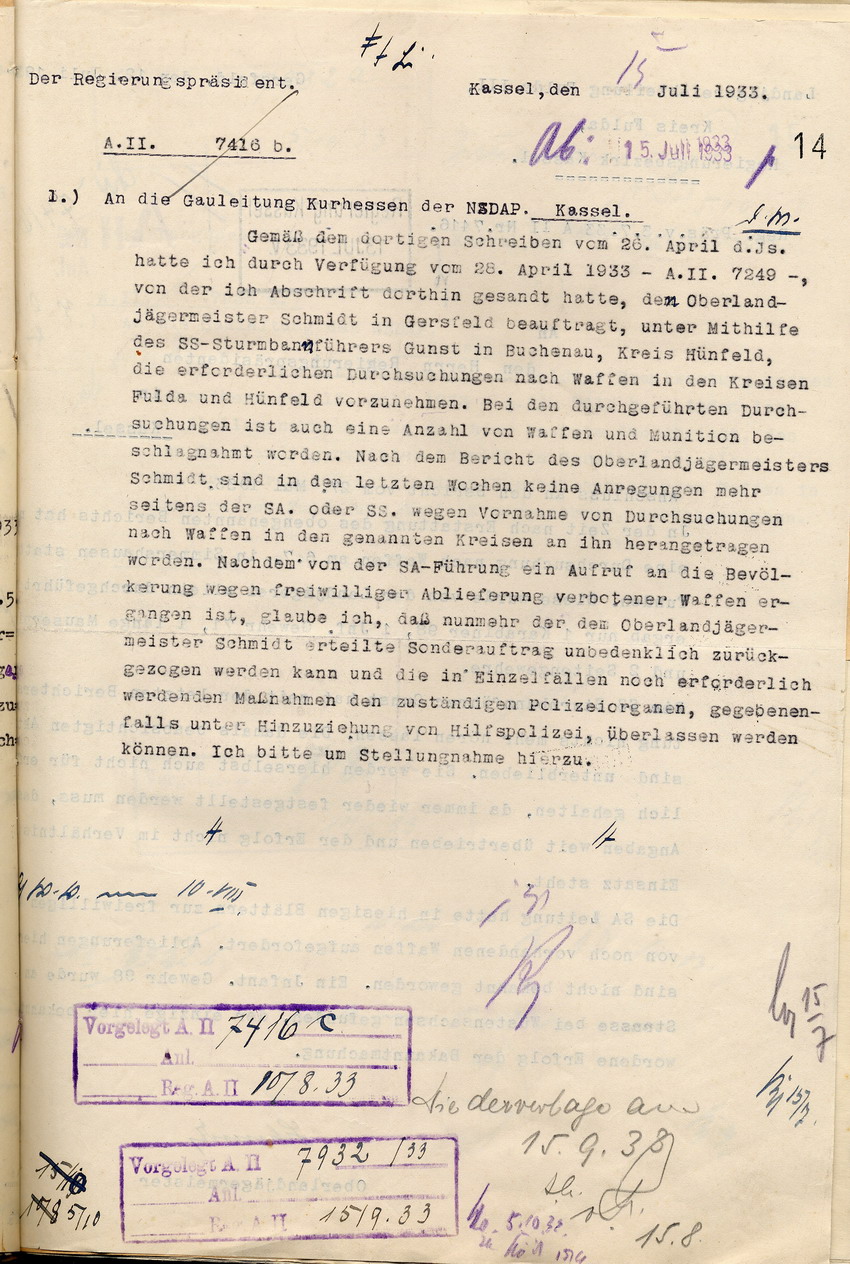 Mitteilung des Regierungspräsidenten über den Verlauf und das Ergebnis der Dursuchung nach Waffen in der Rhön, Kassel, den 15. Juli 1933.