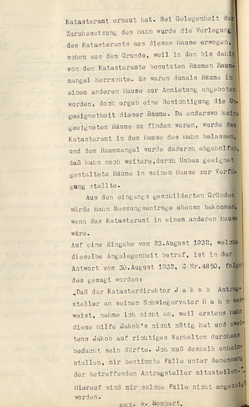 Bericht des Regierungspräsidenten über die Ausübung selbständiger Landmessertätigkeiten durch den Ruhestandsbeamten Hahn in Witzenhausen, Kassel, den 26. Juni 1933.