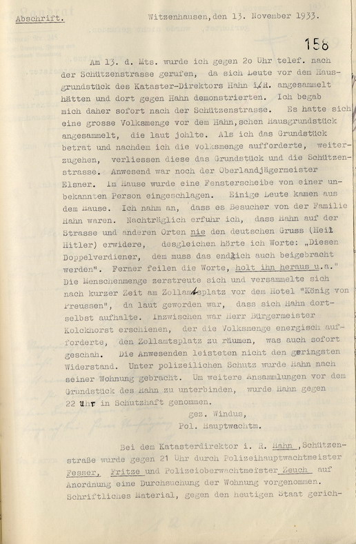 Berichte der Polizei über Ausschreitungen gegen Katasterdirektor i.R. Hahn und dessen Inschutzhaftnahme, Witzenhausen, den 13. November 1933.