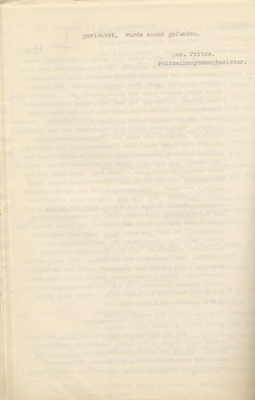 Berichte der Polizei über Ausschreitungen gegen Katasterdirektor i.R. Hahn und dessen Inschutzhaftnahme, Witzenhausen, den 13. November 1933.
