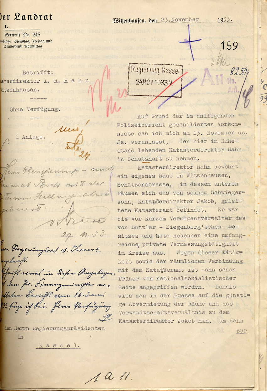 Bericht des Landrates über die Ausschreitungen gegen Katasterdirektor i.R. Hahn und dessen Inschutzhaftnahme, Witzenhausen, den 23. November 1933.