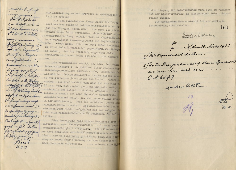 Bericht des Landrates über die Ausschreitungen gegen Katasterdirektor i.R. Hahn und dessen Inschutzhaftnahme, Witzenhausen, den 23. November 1933.