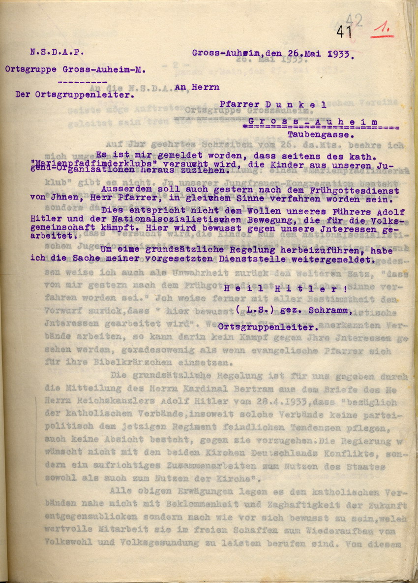 Beschwerde der NSDAP in Gross-Auheim über den dortigen Pfarrer und die Marienpfandfinder, die versuchen würden Mitglieder der HJ aus dieser herauszuziehen, Gross-Auheim, den 26. Mai 1933.