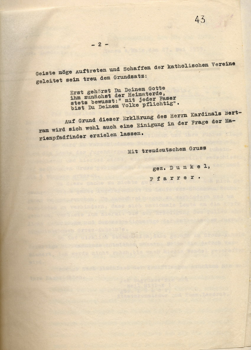 Reaktion des Pfarrers auf die Beschwerde der NSDAP in Gross-Auheim über ihn und die Marienpfandfinder, da sie versuchen würden Mitglieder der HJ aus dieser herauszuziehen, Gross-Auheim, den 26. Mai 1933.