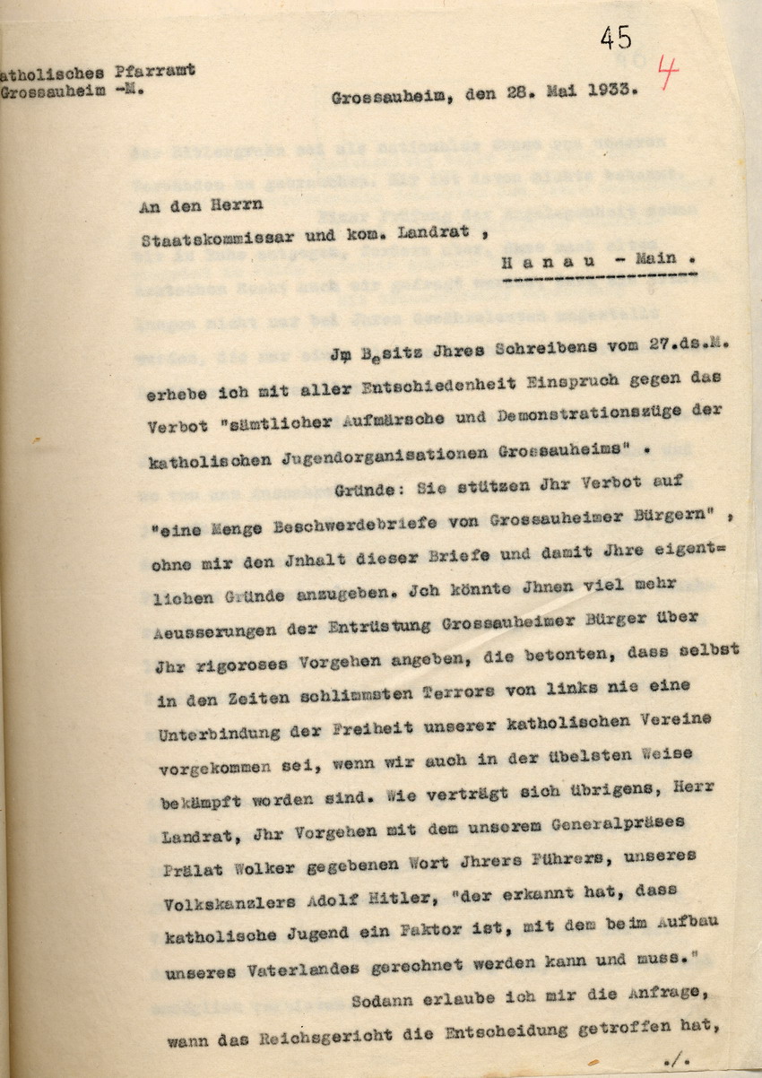 Einspruch des Pfarrers gegen das Verbot sämtlicher Aufmärsche und Demonstrationen der katholischen Jugendorganisation und sämtliche Vorwürfe, Gross-Auheim, den 28. Mai 1933.