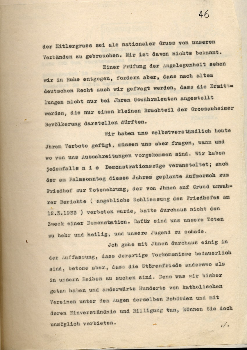 Einspruch des Pfarrers gegen das Verbot sämtlicher Aufmärsche und Demonstrationen der katholischen Jugendorganisation und sämtliche Vorwürfe, Gross-Auheim, den 28. Mai 1933.