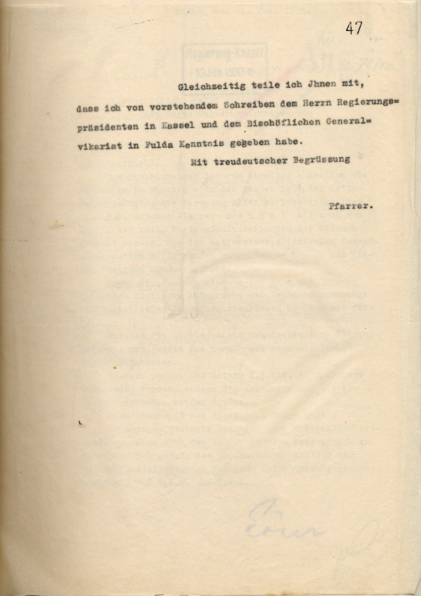 Einspruch des Pfarrers gegen das Verbot sämtlicher Aufmärsche und Demonstrationen der katholischen Jugendorganisation und sämtliche Vorwürfe, Gross-Auheim, den 28. Mai 1933.