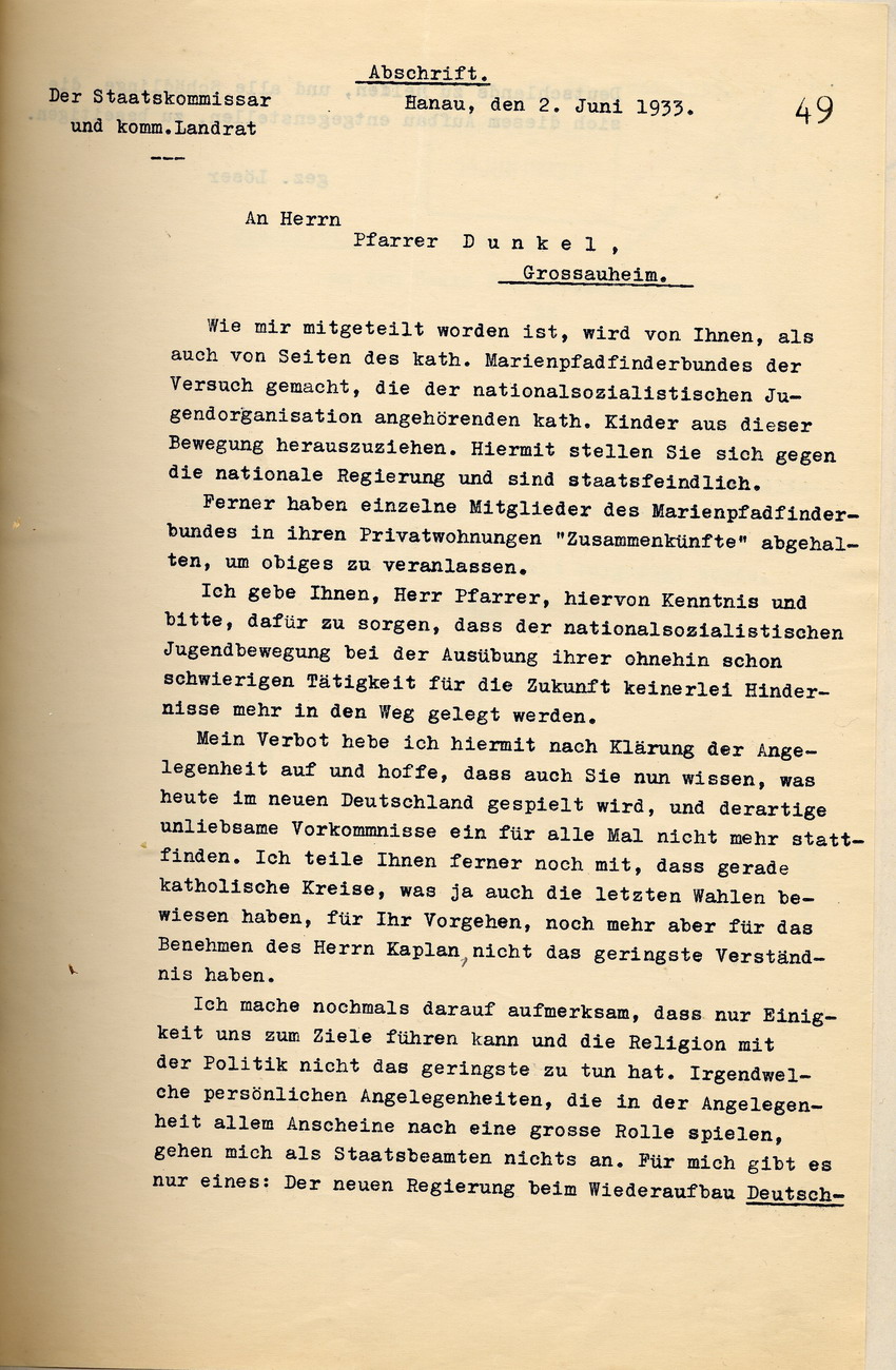 Anweisung des Landrates an den Pfarrer in Zukunft die Hitlerjugend in ihrer Arbeit nicht mehr zu behindern, Hanau a.M., den 2. Juni 1933.