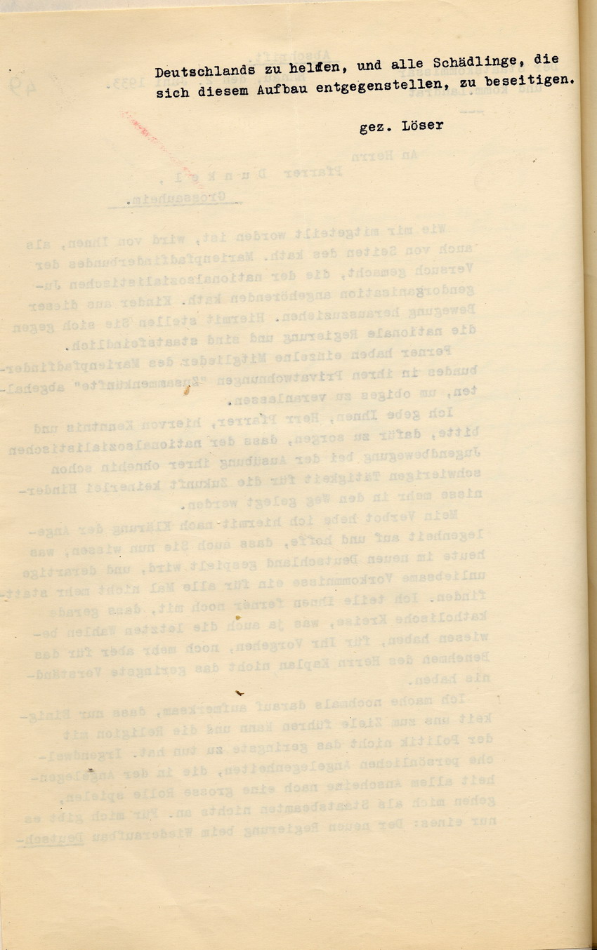 Anweisung des Landrates an den Pfarrer in Zukunft die Hitlerjugend in ihrer Arbeit nicht mehr zu behindern, Hanau a.M., den 2. Juni 1933.