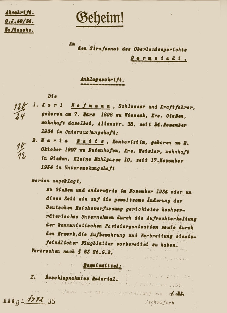 Anklageschrift gegen Maria Deeg, geb. Baitz, 1934.