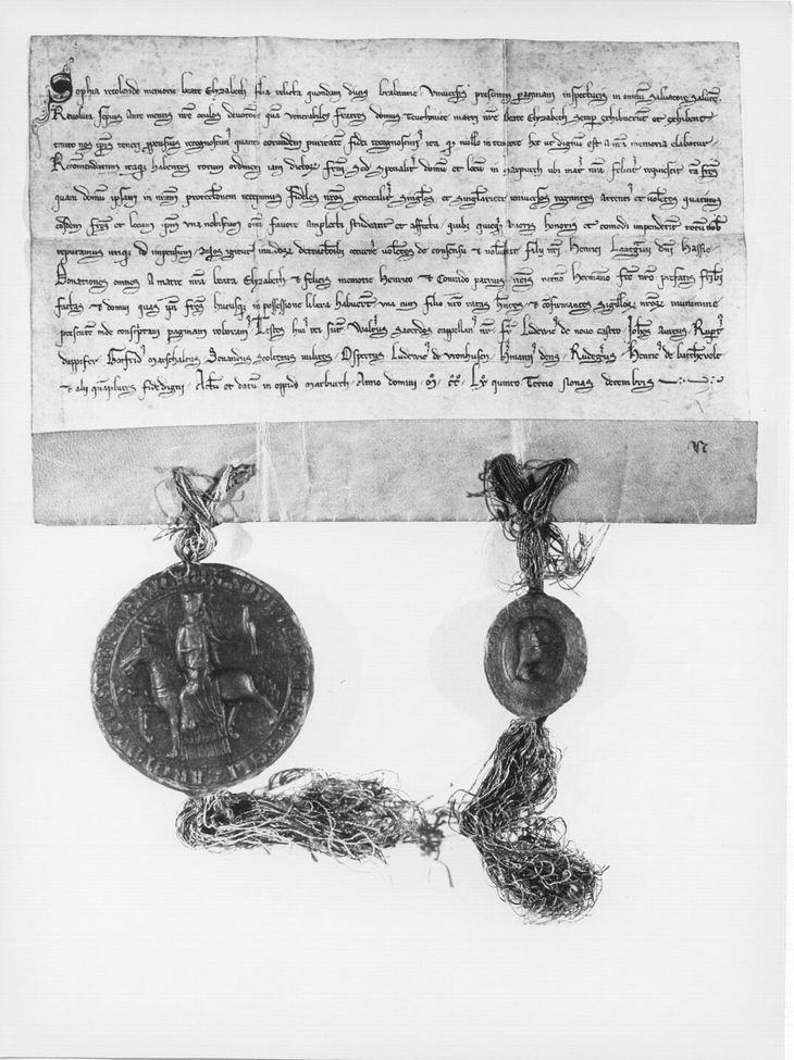 Urkunde der Herzogin Sophie von Brabant und ihres Sohnes Landgraf Heinrich über die Erteilung von Privilegien (Schutz und Bestätigung der Schenkungen) für das Deutsche Haus in Marburg, 3. Dezember 1265